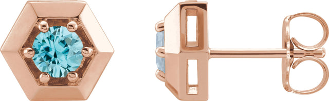 14K Gold Natural Blue Zircon Round 3-Prong Geometric Earrings - Rose Gold