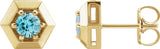 14K Gold Natural Blue Zircon Round 3-Prong Geometric Earrings - Yellow Gold