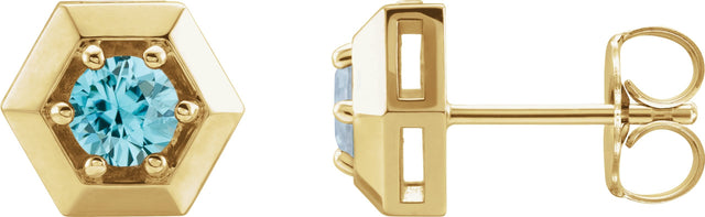 14K Gold Natural Blue Zircon Round 3-Prong Geometric Earrings - Yellow Gold