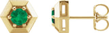 14K Gold Natural Emerald Round 3-Prong Geometric Earrings - Yellow Gold