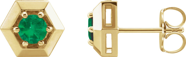 14K Gold Natural Emerald Round 3-Prong Geometric Earrings - Yellow Gold