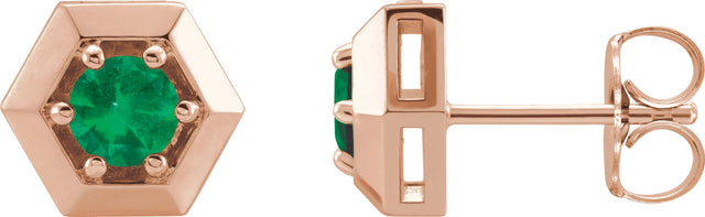 14K Gold Natural Emerald Round 3-Prong Geometric Earrings - Rose Gold