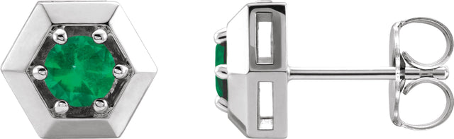 14K Gold Natural Emerald Round 3-Prong Geometric Earrings - White Gold