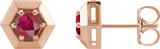 14K Gold Natural Ruby Round 3-Prong Geometric Earrings - Rose Gold