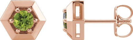 14K Gold Natural Peridot Round 3-Prong Geometric Earrings - Rose Gold