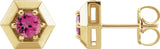14K Gold Natural Pink Tourmaline Round 3-Prong Geometric Earrings - Yellow Gold