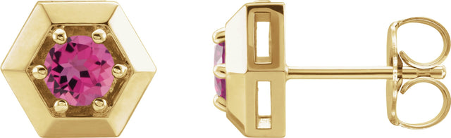 14K Gold Natural Pink Tourmaline Round 3-Prong Geometric Earrings - Yellow Gold