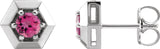 14K Gold Natural Pink Tourmaline Round 3-Prong Geometric Earrings - White Gold