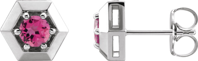 14K Gold Natural Pink Tourmaline Round 3-Prong Geometric Earrings - White Gold