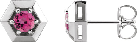 Platinum Natural Pink Tourmaline Round 3-Prong Geometric Earrings