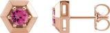 14K Gold Natural Pink Tourmaline Round 3-Prong Geometric Earrings - Rose Gold