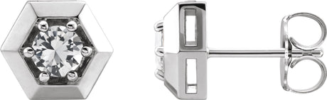 14K Gold Natural White Sapphire Round 3-Prong Geometric Earrings - White Gold