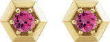 14K Gold Natural Pink Tourmaline Round 3-Prong Geometric Earrings - Yellow Gold - view 2