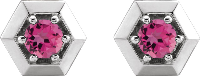 14K Gold Natural Pink Tourmaline Round 3-Prong Geometric Earrings - White Gold - view 2