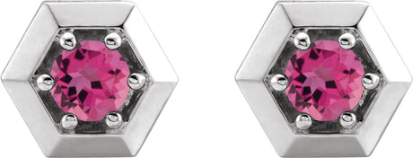 Platinum Natural Pink Tourmaline Round 3-Prong Geometric Earrings - view 2