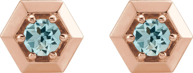 14K Gold Natural Aquamarine Round 3-Prong Geometric Earrings - Rose Gold - view 2