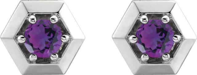 14K Gold Natural Amethyst Round 3-Prong Geometric Earrings - White Gold - view 2
