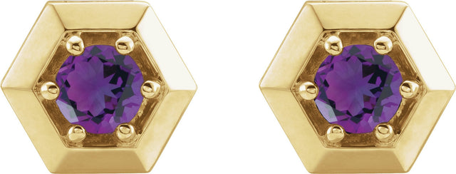 14K Gold Natural Amethyst Round 3-Prong Geometric Earrings - Yellow Gold - view 2
