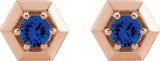14K Gold Natural Blue Sapphire Round 3-Prong Geometric Earrings - Rose Gold - view 2