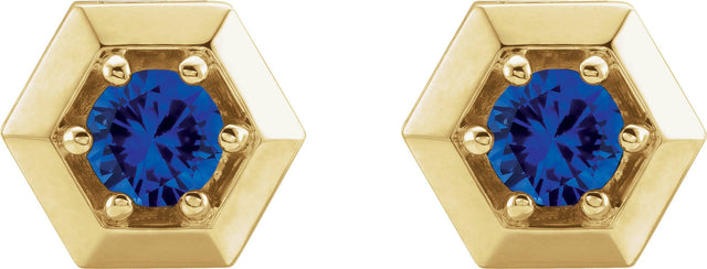14K Gold Natural Blue Sapphire Round 3-Prong Geometric Earrings - Yellow Gold - view 2