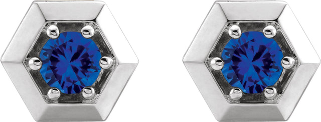 14K Gold Natural Blue Sapphire Round 3-Prong Geometric Earrings - White Gold - view 2