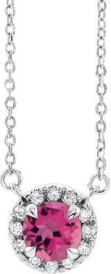 Platinum Round Natural Pink Tourmaline French-Set Halo-Style Necklace