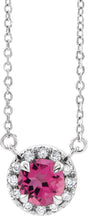 Platinum Round Natural Pink Tourmaline French-Set Halo-Style Necklace