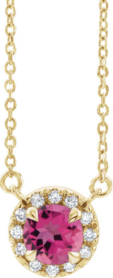 14K Gold Round Natural Pink Tourmaline French-Set Halo-Style Necklace - Yellow Gold