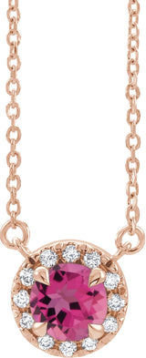 14K Gold Round Natural Pink Tourmaline French-Set Halo-Style Necklace - Rose Gold