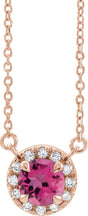 14K Gold Round Natural Pink Tourmaline French-Set Halo-Style Necklace - Rose Gold