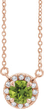 14K Gold Round Natural Peridot French-Set Halo-Style Necklace - Rose Gold