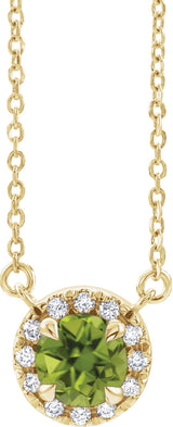 14K Gold Round Natural Peridot Natural Diamond French-Set Halo-Style Necklace - Yellow Gold