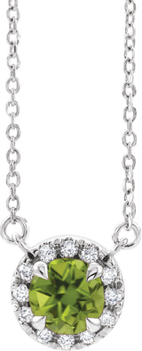 14K Gold Round Natural Peridot Natural Diamond French-Set Halo-Style Necklace - White Gold