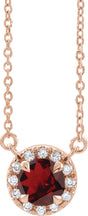 14K Gold Round Natural Mozambique Garnet French-Set Halo-Style Necklace - Rose Gold