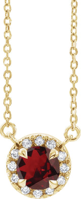 14K Gold Round Natural Mozambique Garnet French-Set Halo-Style Necklace - Yellow Gold