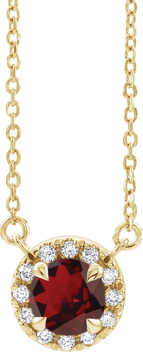 14K Gold Round Natural Mozambique Garnet French-Set Halo-Style Necklace - Yellow Gold