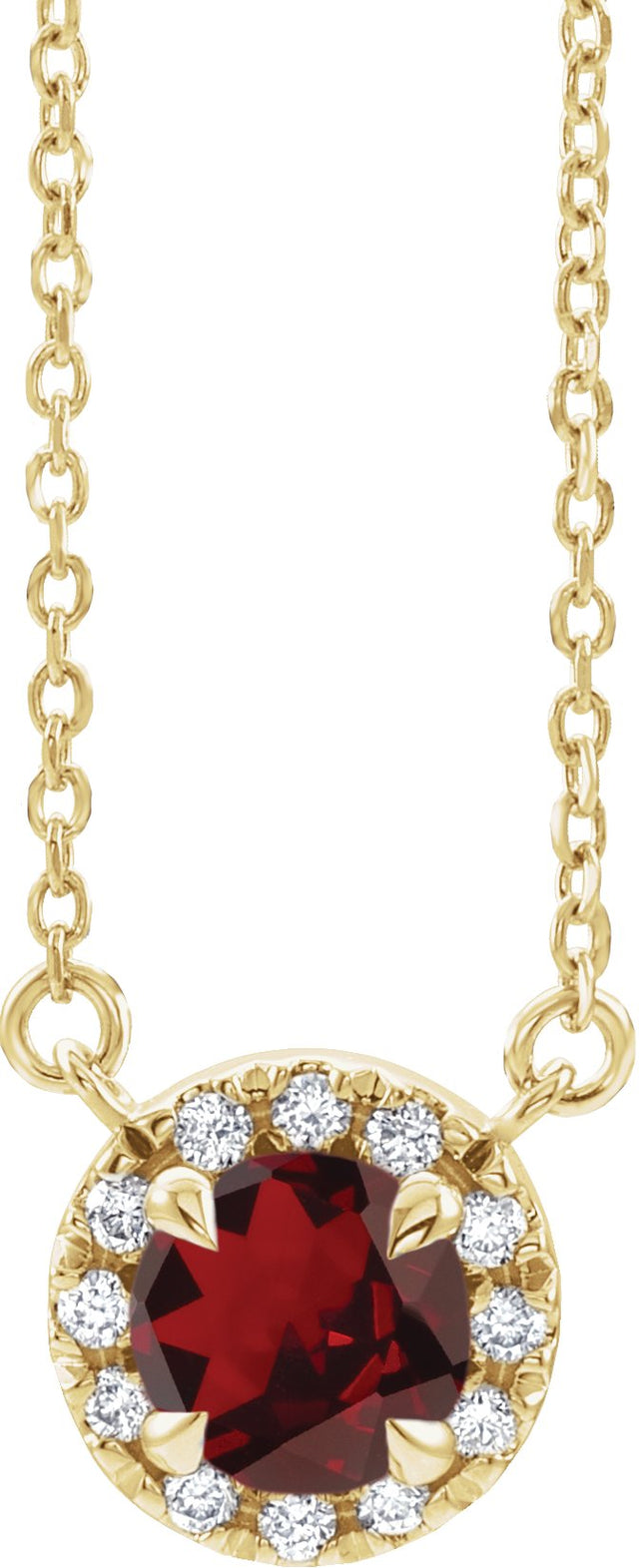 14K Gold Round Natural Mozambique Garnet French-Set Halo-Style Necklace - Yellow Gold