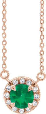 14K Gold Round Natural Emerald French-Set Halo-Style Necklace - Rose Gold
