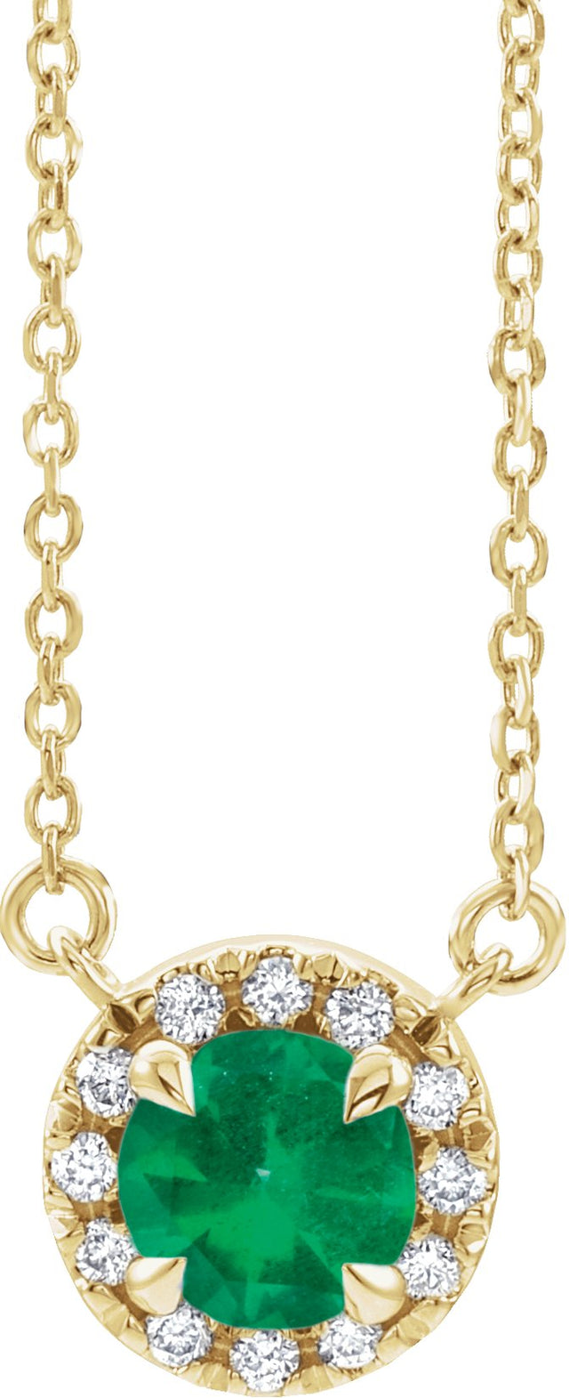 14K Gold Round Lab-Grown Emerald French-Set Halo-Style Necklace - Yellow Gold