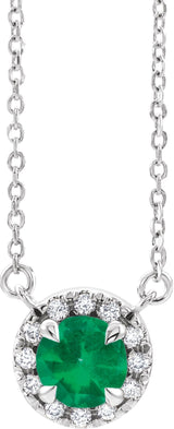 14K Gold Round Natural Emerald French-Set Halo-Style Necklace - White Gold