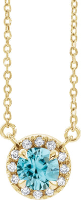 14K Gold Round Natural Blue Zircon French-Set Halo-Style Necklace - Yellow Gold