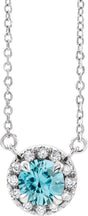 Platinum Round Natural Blue Zircon French-Set Halo-Style Necklace
