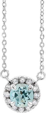 Platinum Round Natural Aquamarine Natural Diamond French-Set Halo-Style Necklace