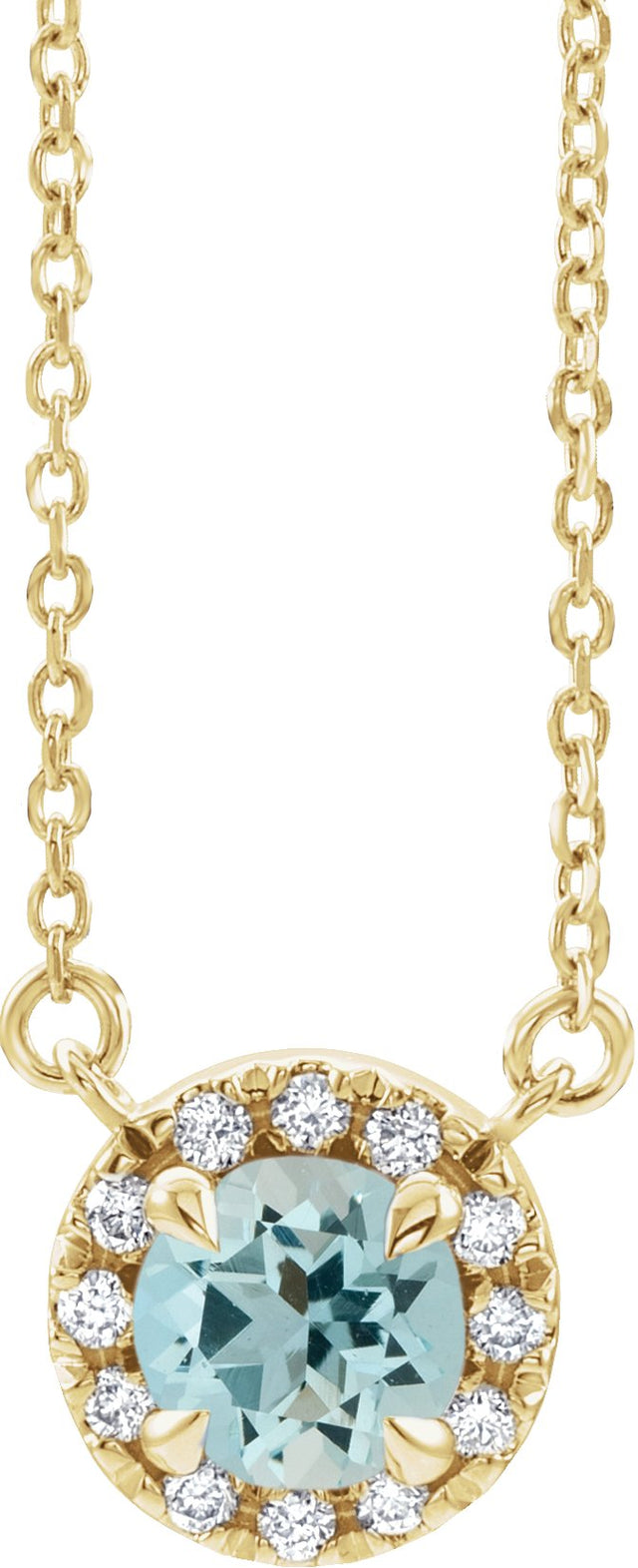 14K Gold Round Natural Aquamarine French-Set Halo-Style Necklace - Yellow Gold