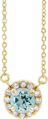 14K Gold Round Natural Aquamarine Natural Diamond French-Set Halo-Style Necklace - Yellow Gold