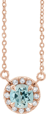 14K Gold Round Natural Aquamarine French-Set Halo-Style Necklace - Rose Gold