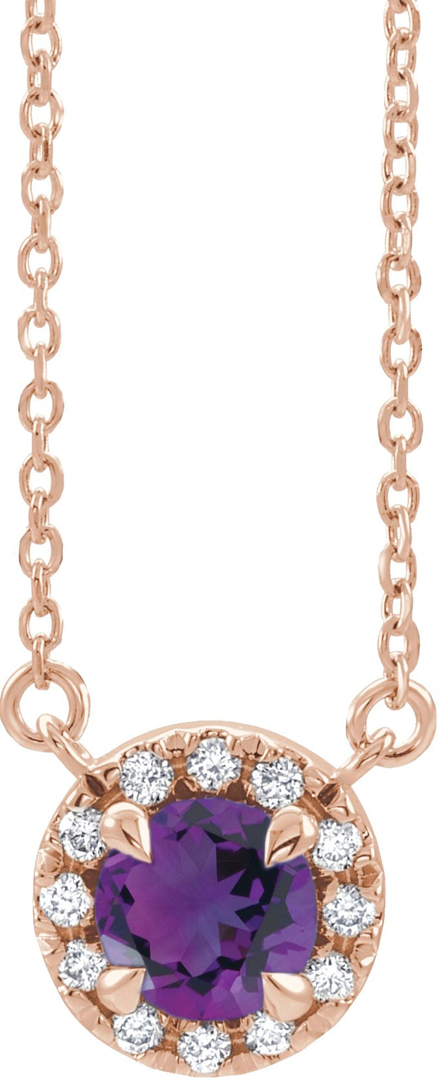 14K Gold Round Natural Amethyst French-Set Halo-Style Necklace - Rose Gold
