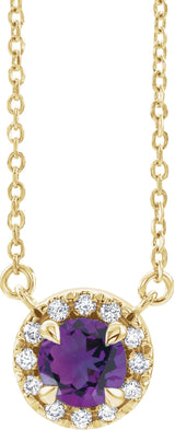 14K Gold Round Natural Amethyst French-Set Halo-Style Necklace - Yellow Gold