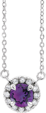 Platinum Round Natural Amethyst French-Set Halo-Style Necklace