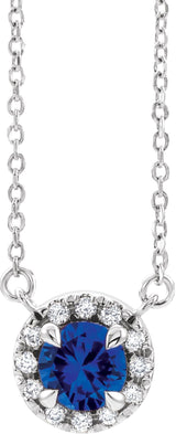 Platinum Round Lab-Grown Blue Sapphire French-Set Halo-Style Necklace